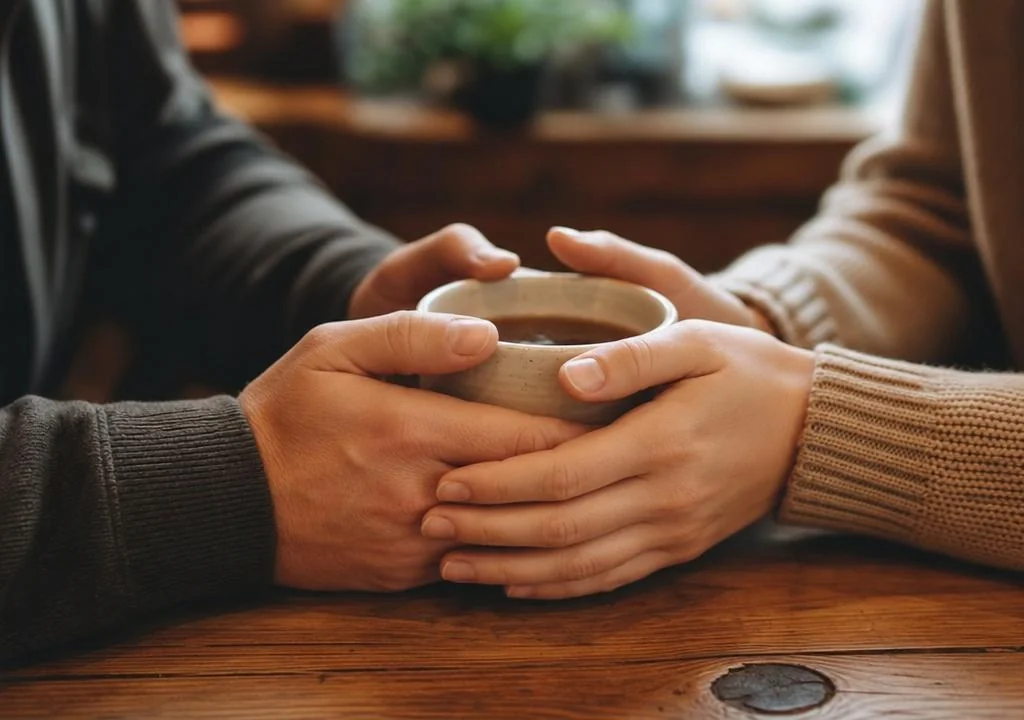 Two people gently sharing a coffee cup — a symbol of everyday emotional connection.