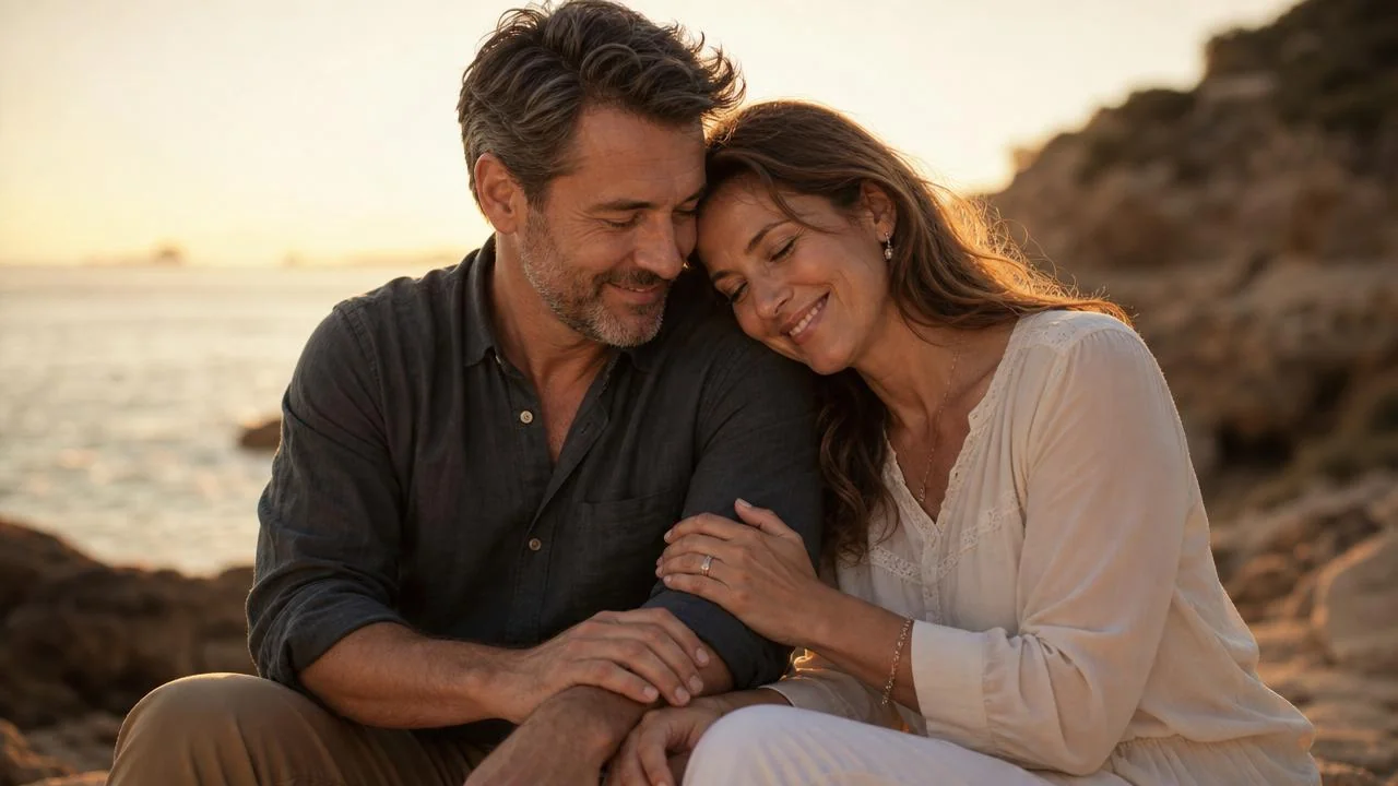 A warm, connected couple sharing a genuine moment together at golden hour.