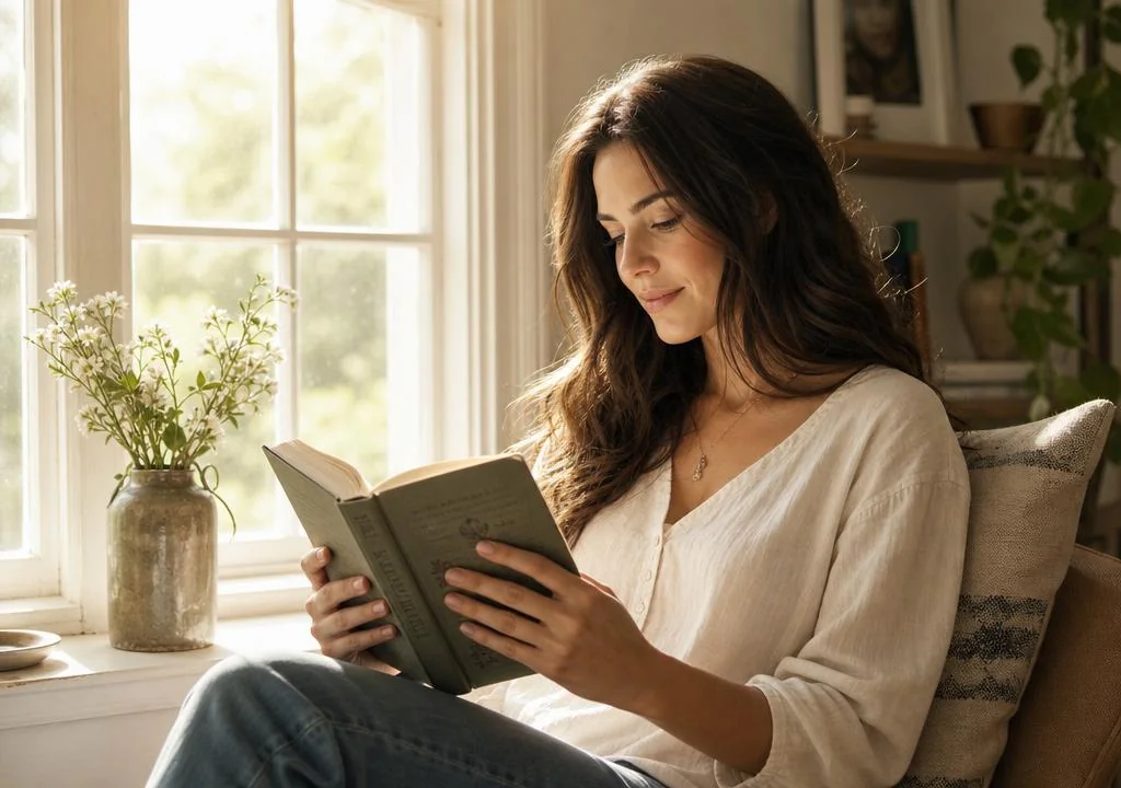 A woman reading thoughtfully by a sunlit window.